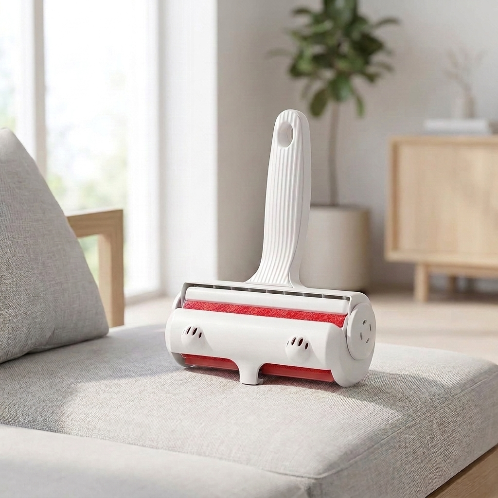 FurFix reusable pet hair remover roller on a sofa