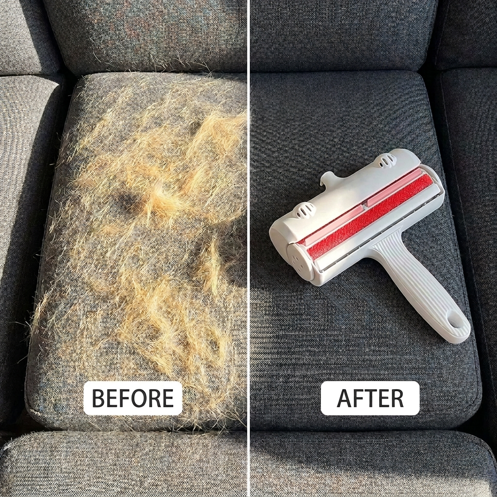 Before and after: dog fur removed from a couch cushion