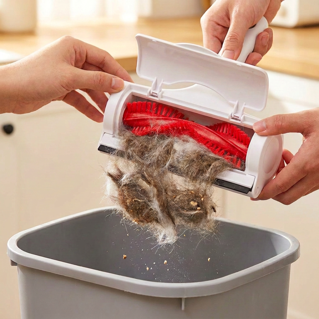 Emptying collected pet fur from the roller chamber