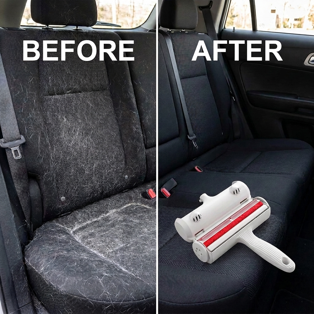 Before and after: dog hair removed from a car seat
