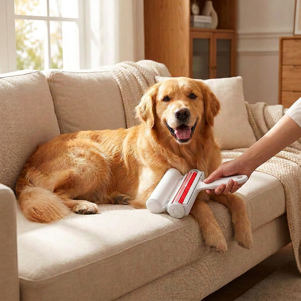 Golden retriever on a clean couch next to the FurFix roller